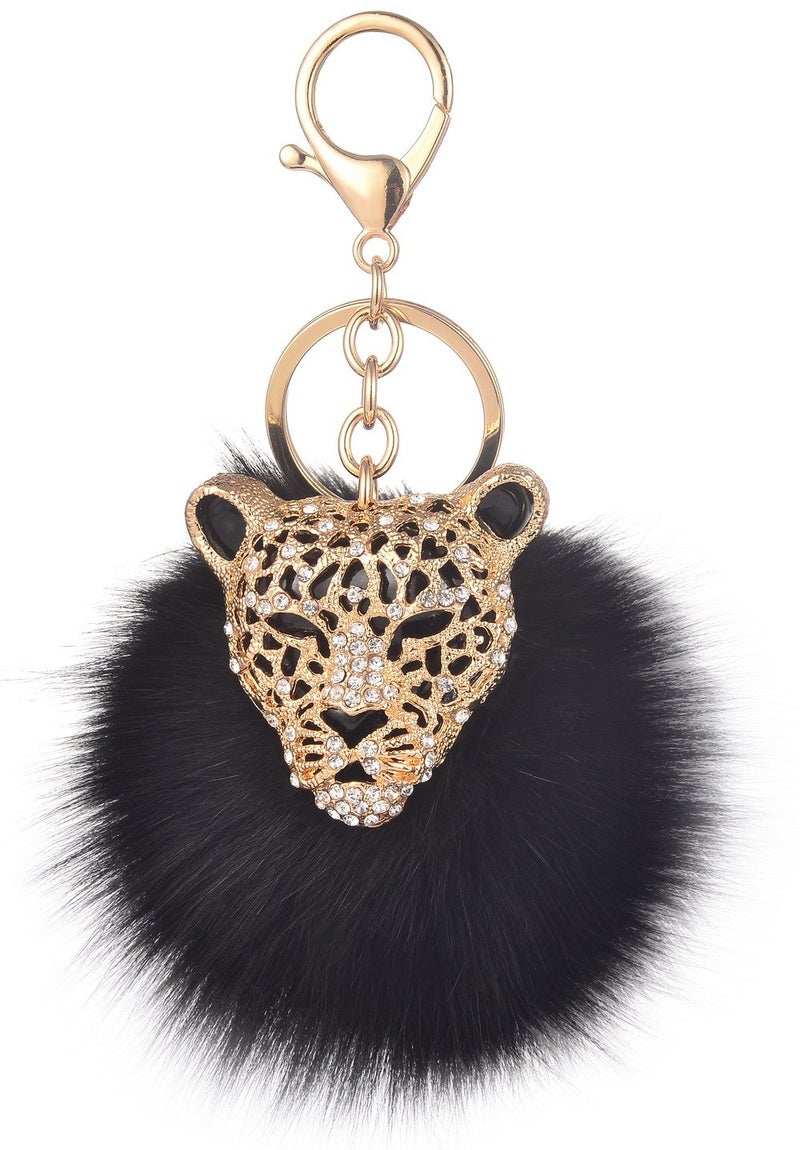 Giftale Leopard with Black Fox Fur Pom Pom Keychain for Women Ball Bag Charm - Image 3